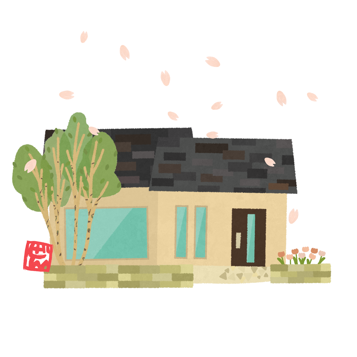 桜と家のイラスト